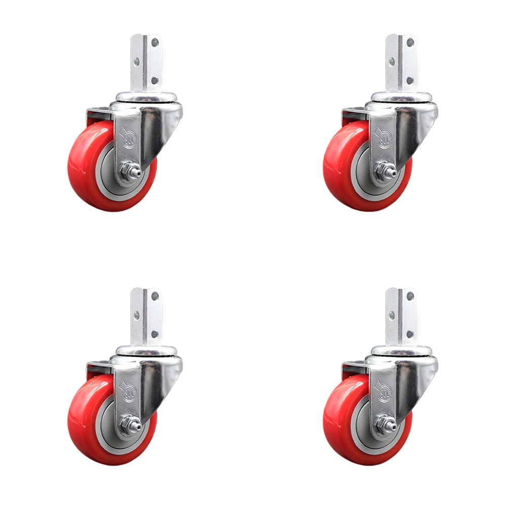 Swivel Square Stem Caster with 3 x 1.25 in. Red Polyurethane Wheel, 0.87 x 2 in. Square Stem with 3 0.26 in. Diameter Mounting Holes - Set of 4