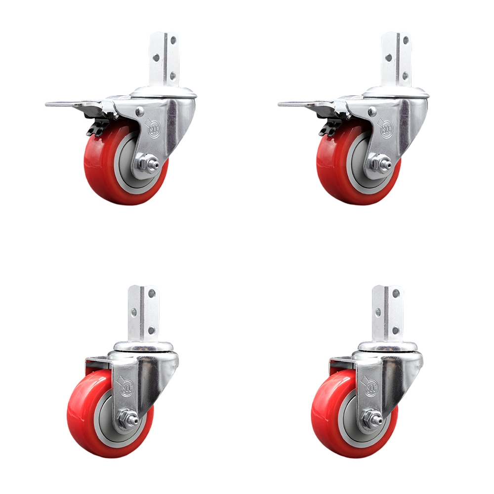 Swivel Square Stem Caster with 3.5 x 1.25 in. Red Poly Wheel, 0.75 x 2 in. Square Stem with 3 0.26 in. Diameter Mounting Holes - Set of 4
