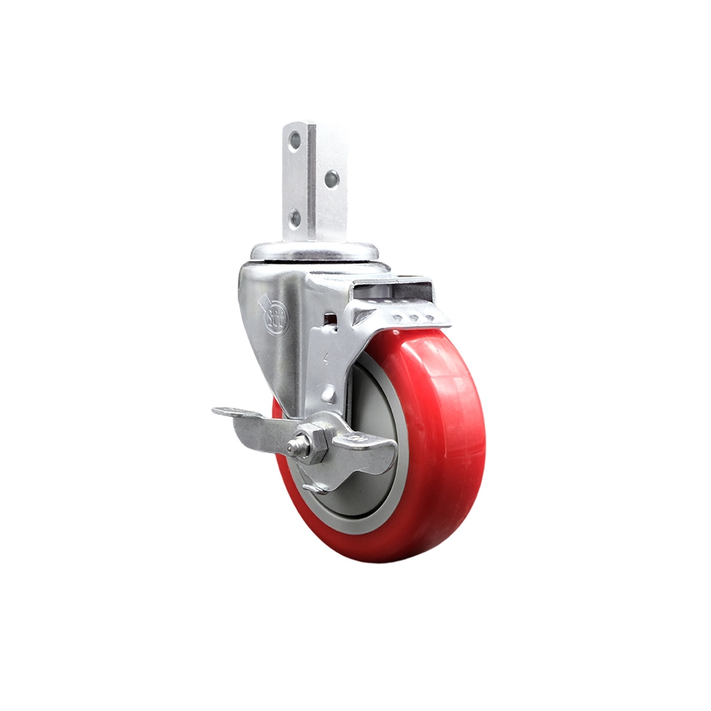 Swivel Square Stem Caster with 4 x 1.25 in. Red Polyurethane Wheel, 0.87 x 2 in. Square Stem with 3 0.26 in. Diameter Mounting Holes