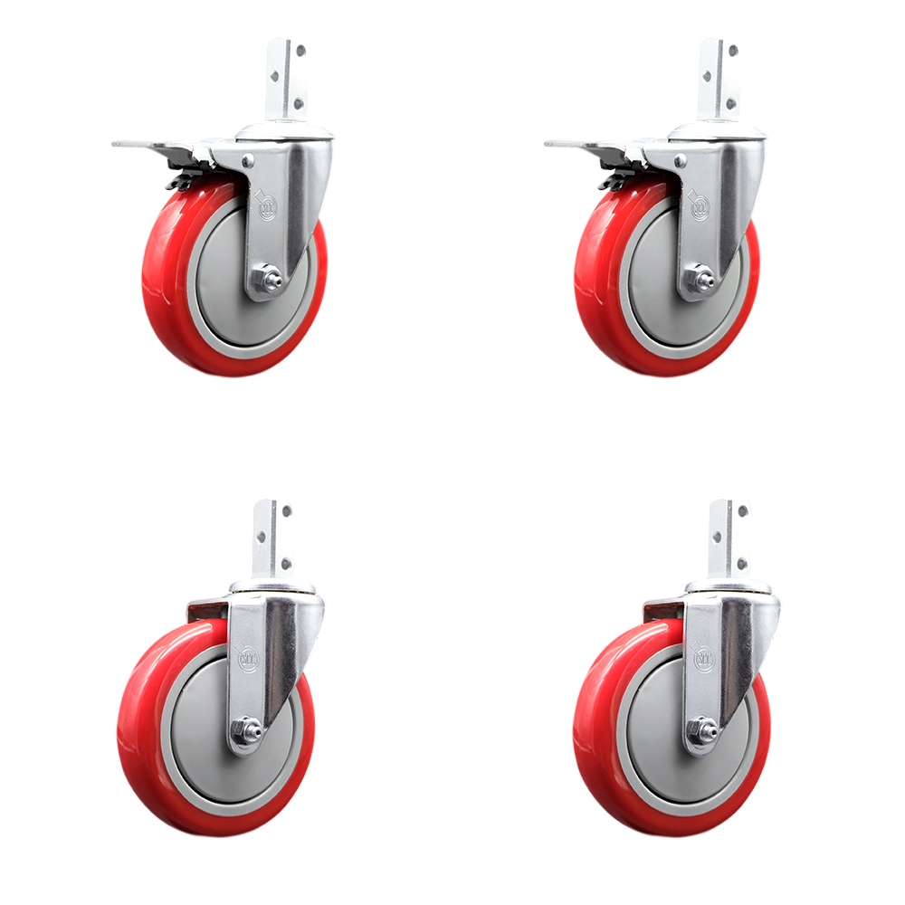 Swivel Square Stem Caster with 5 x 1.25 in. Red Poly Wheel, 0.75 x 2 in. Square Stem with 3 0.26 in. Diameter Mounting Holes - Set of 4