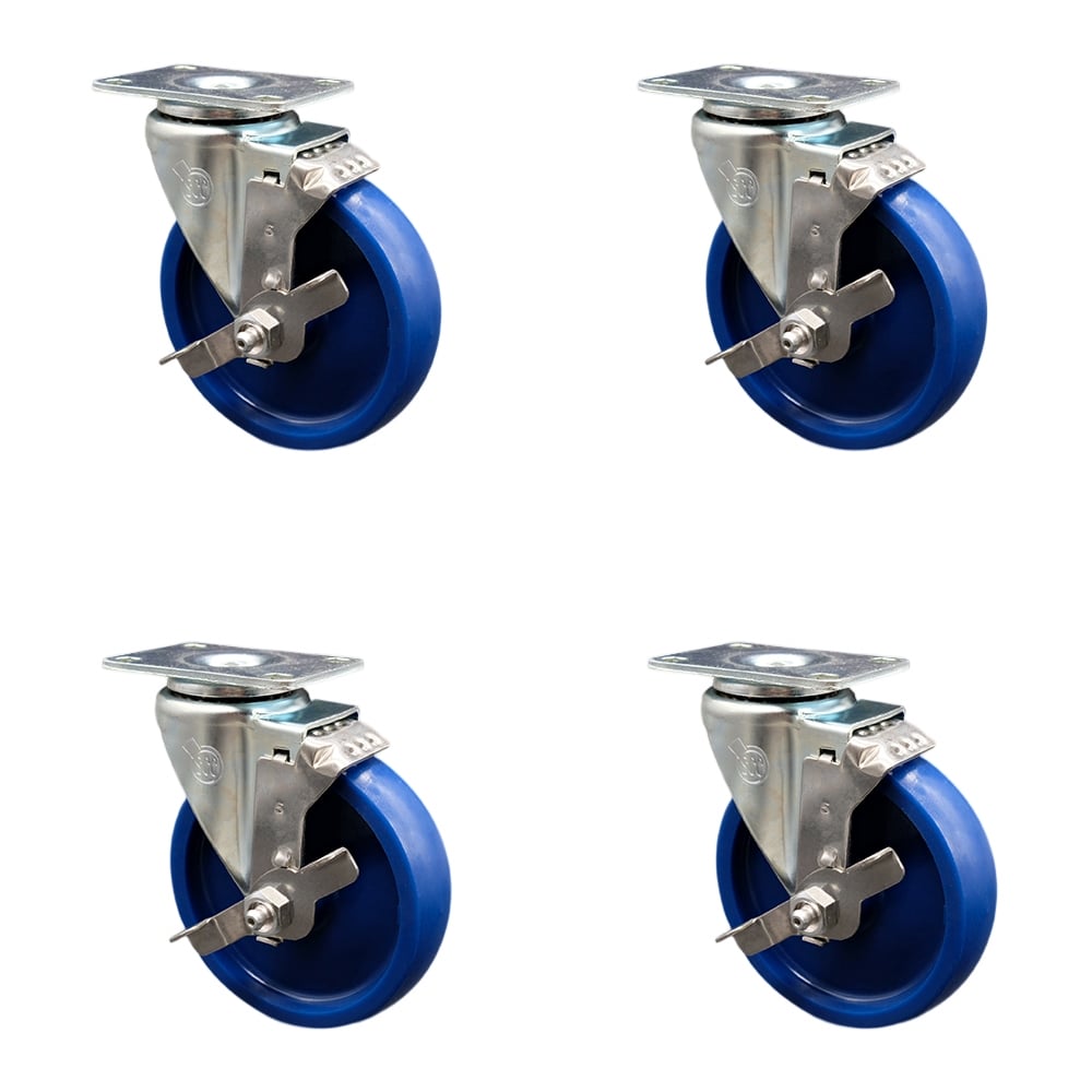 SCC-SS20S514-SPUS-TLB-4 Stainless Steel Solid Polyurethane Swivel Top Plate Caster with 5 x 1.25 in. Blue Wheels - Set of 4