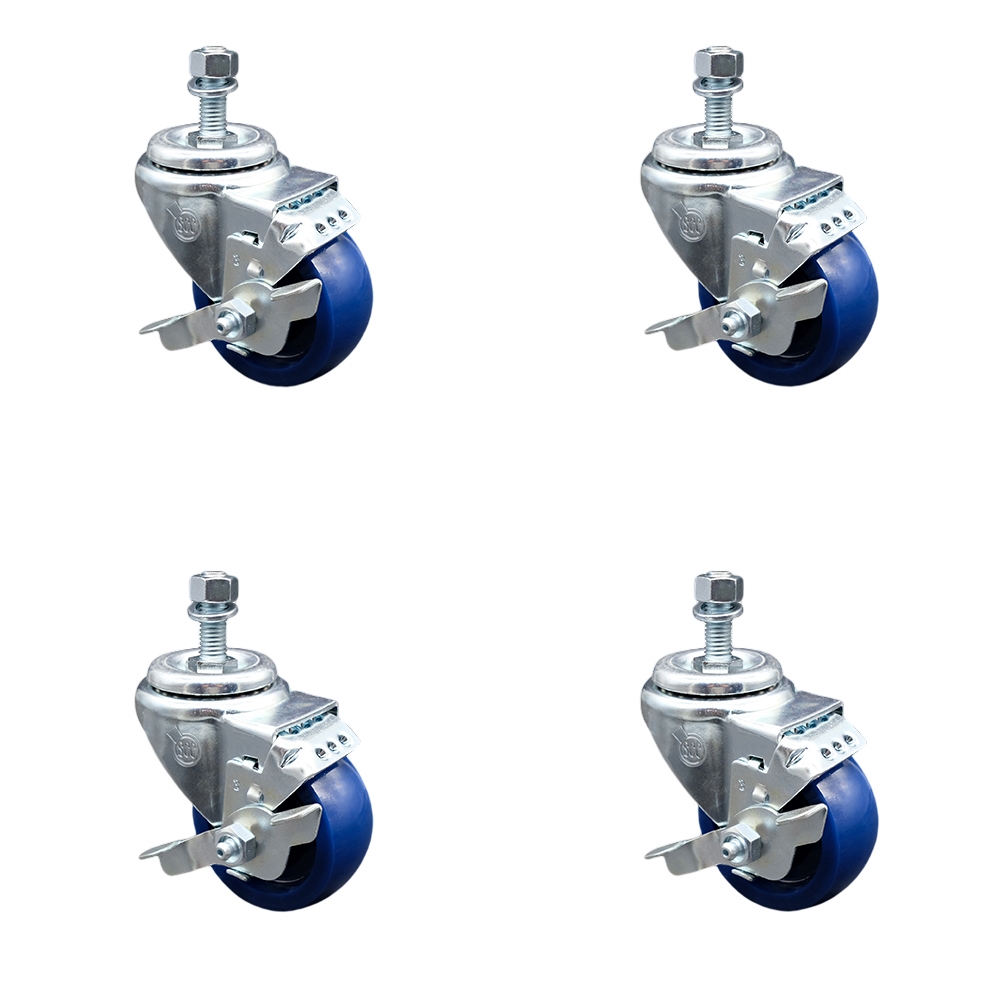 SCC-TS20S314-SPUS-TLB-381615-4 Solid Polyurethane Swivel Threaded Stem Caster with 3 x 1.25 in. Blue Wheels & 0.38 in. Stems - Set of 4