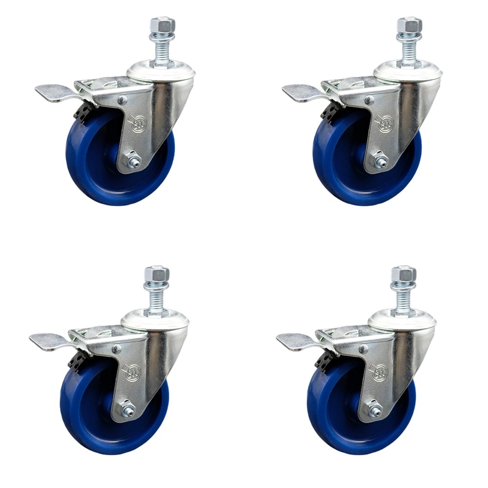 Stainless Steel Solid Polyurethane Swivel Threaded Stem Caster with 4 x 1.25 in. Blue Wheels & 0.38 in. Stems - Set of 4
