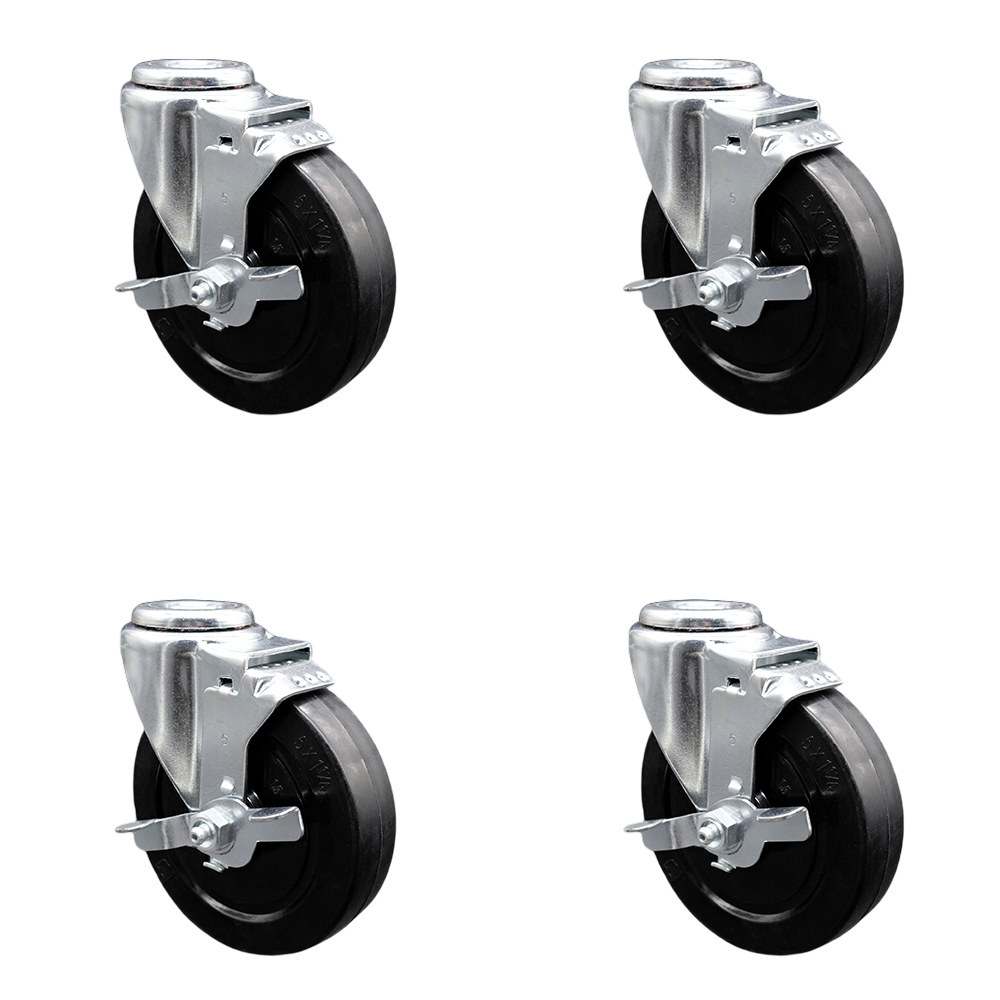 SCC-SSSSBH20S514-SRS-TLB-4 Stainless Steel Soft Rubber Swivel Bolt Hole Caster with 5 x 1.25 in. Black Wheels - Set of 4