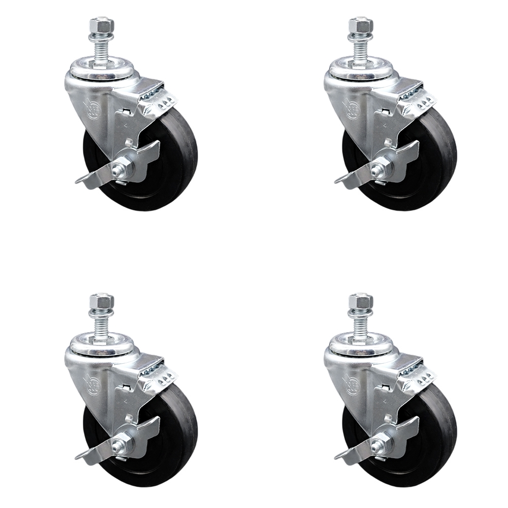 SCC-TS20S414-SRS-TLB-381615-4 Soft Rubber Swivel Threaded Stem Caster with 4 x 1.25 in. Black Wheels & 0.38 in. Stems - Set of 4