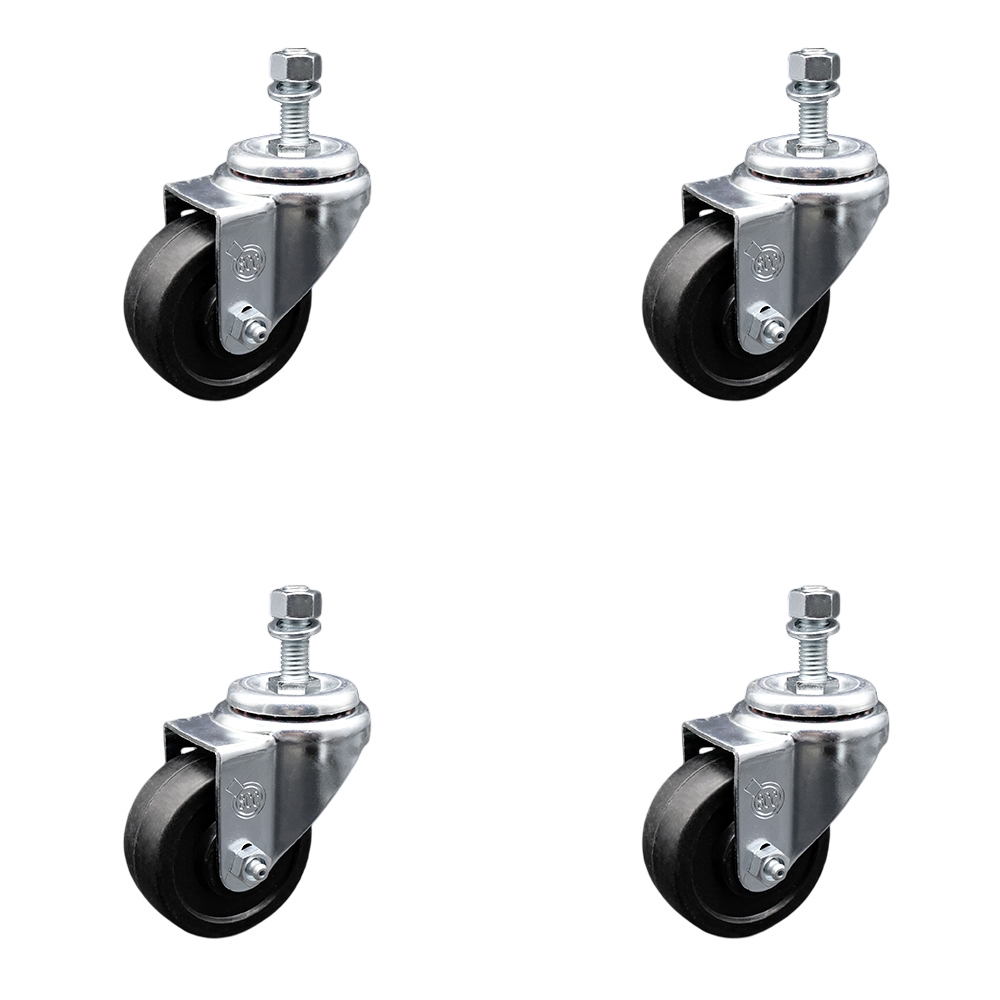 SCC-TS20S3514-SRS-M1015-4 Soft Rubber Swivel Threaded Stem Caster with 3.5 x 1.25 in. Black Wheels & 10 mm Stems - Set of 4