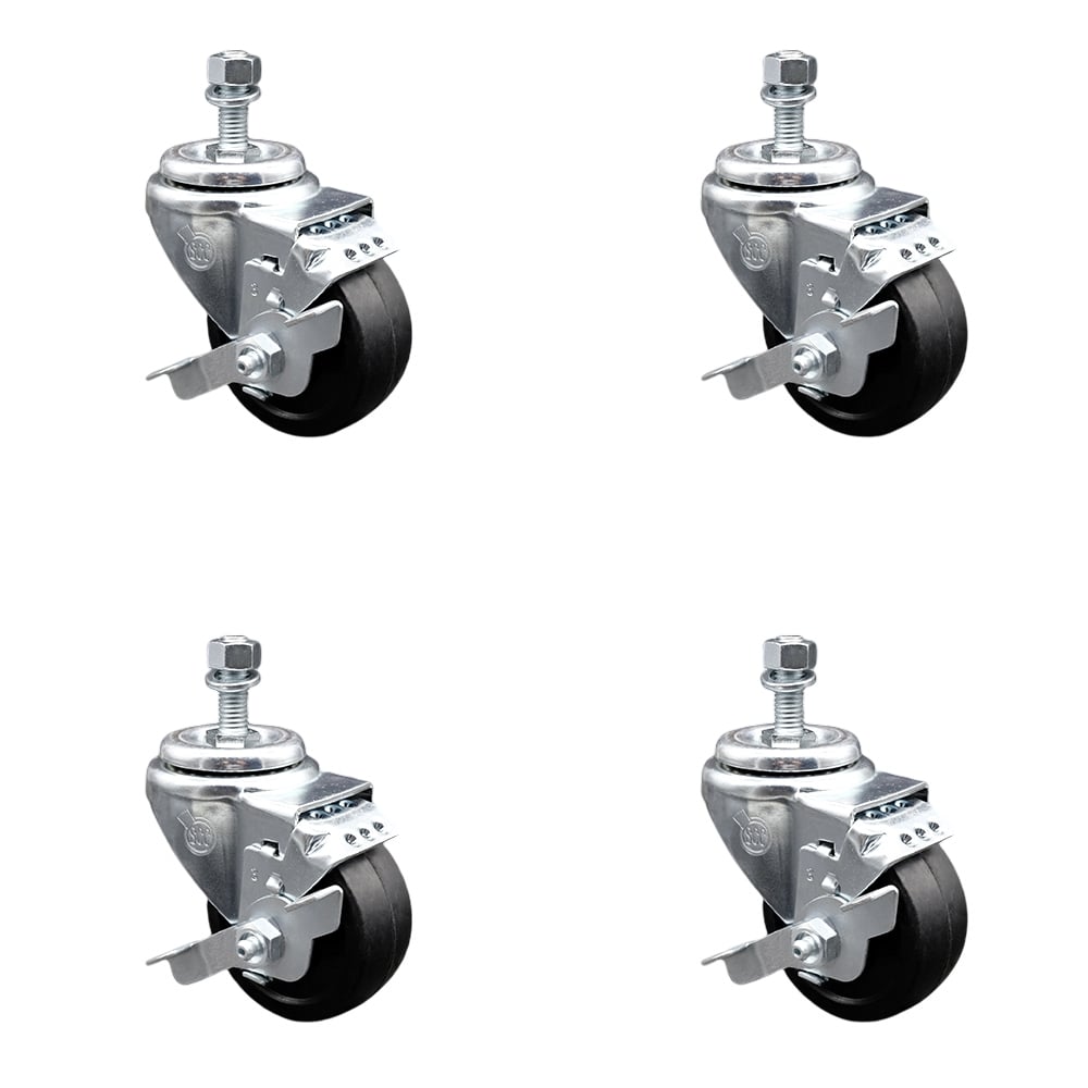 SCC-SSSSTS20S3514-SRS-TLB-M1015-4 Stainless Steel Soft Rubber Swivel Threaded Stem Caster with 3.5 x 1.25 in. Black Wheels & 10 mm Stems - Set of 4