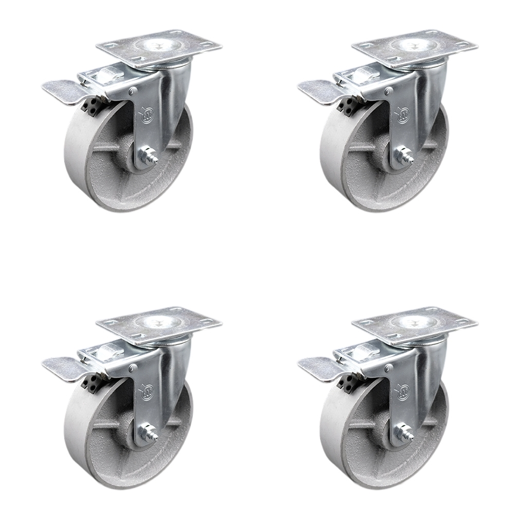 SCC-TTL20S515-SSR-4 Semi Steel Cast Iron Swivel Top Plate Caster with Roller Bearings - 5 in. Silver Wheels - Set of 4