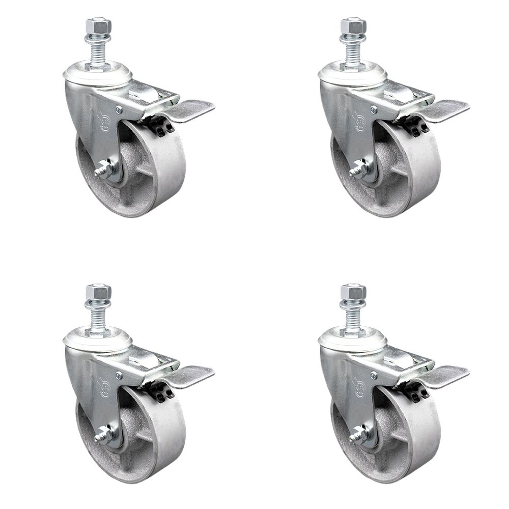 Semi Steel Cast Iron Swivel Threaded Stem Caster with Roller Bearing, 4 x 1.5 in. Silver Wheels & 10 mm Stems - Set of 4