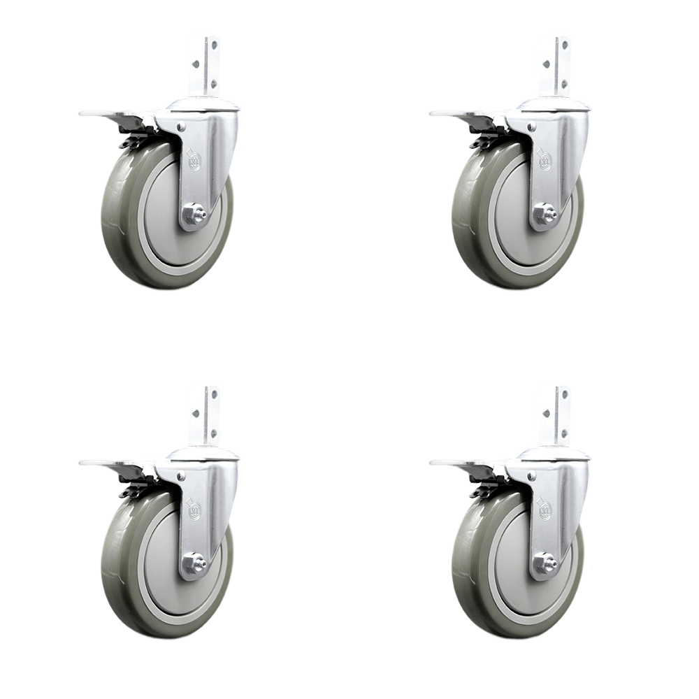 Swivel Square Stem Caster with 5 x 1.25 in. Gray Poly Wheel, 0.87 x 2 in. Square Stem with 3 0.26 in. Diameter Mounting Holes - Set of 4