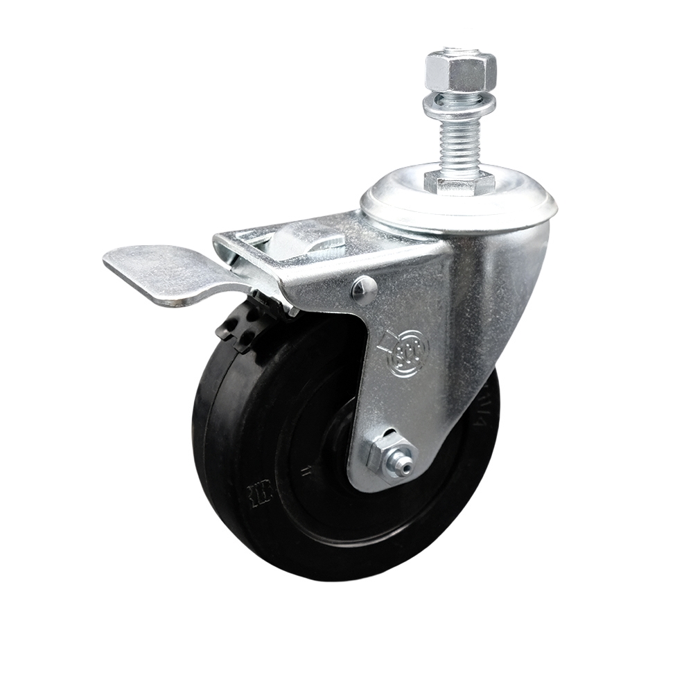 Stainless Steel Soft Rubber Swivel Threaded Stem Caster with 4 x 1.25 in. Black Wheel & 0.5 in. Stem & Total Locking Brake