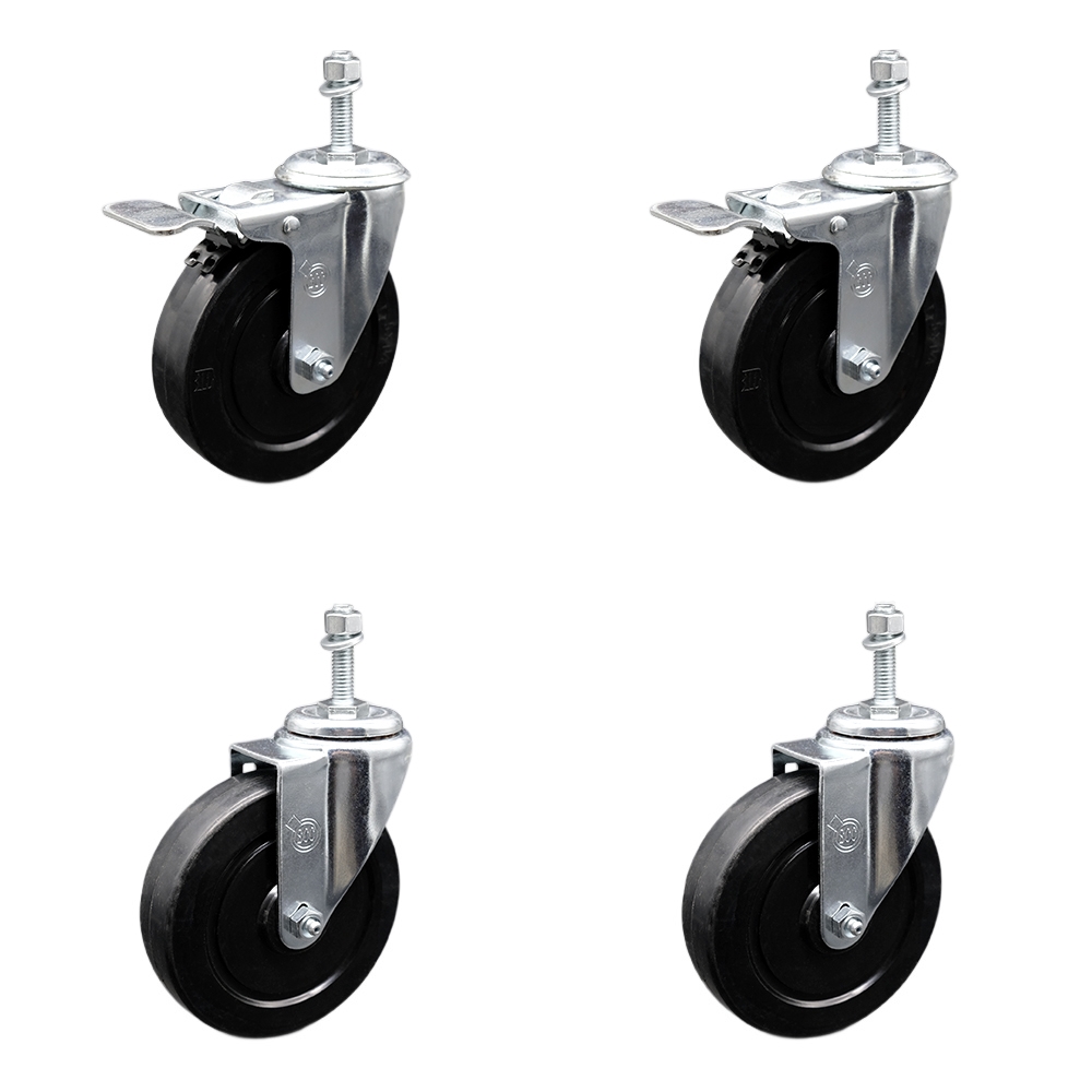 SCC-SSTSTTL20S514-SRS-M1015-2-S-2 Stainless Steel Soft Rubber Swivel Threaded Stem Caster with 5 x 1.25 in. Black Wheels & 10 mm Stems - Set of 4