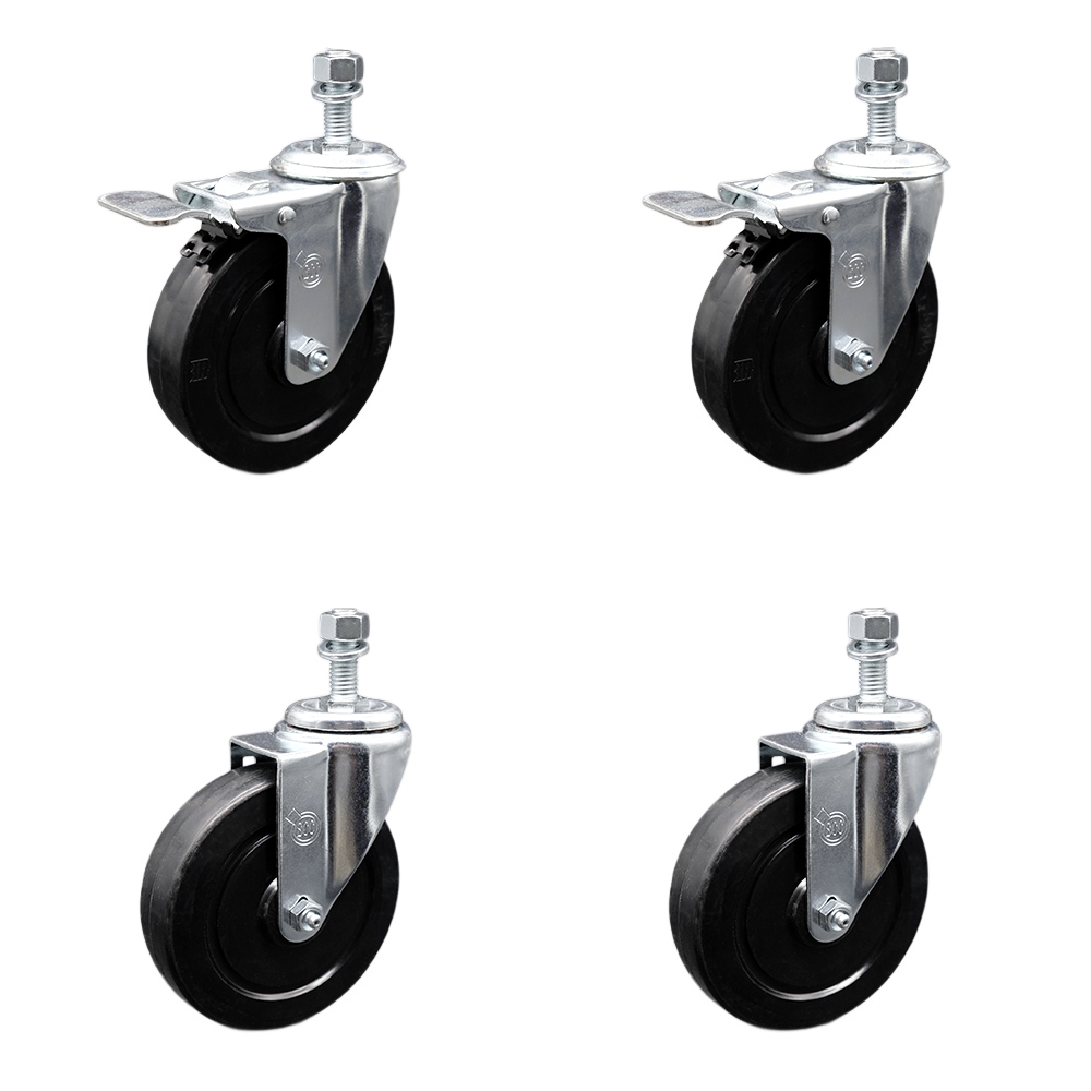 SCC-SSTSTTL20S514-SRS-M1215-2-S-2 Stainless Steel Soft Rubber Swivel Threaded Stem Caster with 5 x 1.25 in. Black Wheels & 12 mm Stems - Set of 4