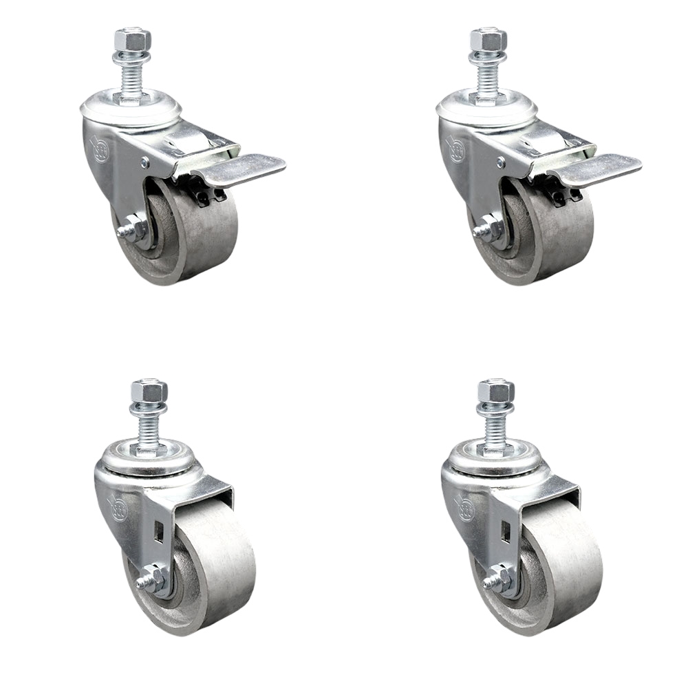 Semi Steel Cast Iron Swivel Threaded Stem Caster with Roller Bearing 3 x 1.5 in. Silver Wheels & 0.5 in. Stems - Set of 4