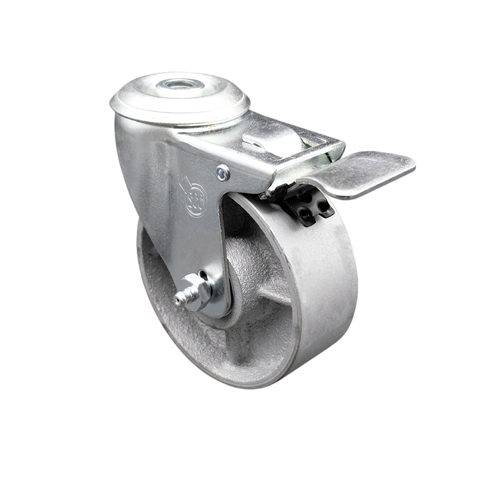 SCC-BHTTL20S415-SSR Semi Steel Cast Iron Swivel Bolt Hole Caster with Roller Bearing - 4 x 1.5 in. Silver Wheel & Total Locking Brake