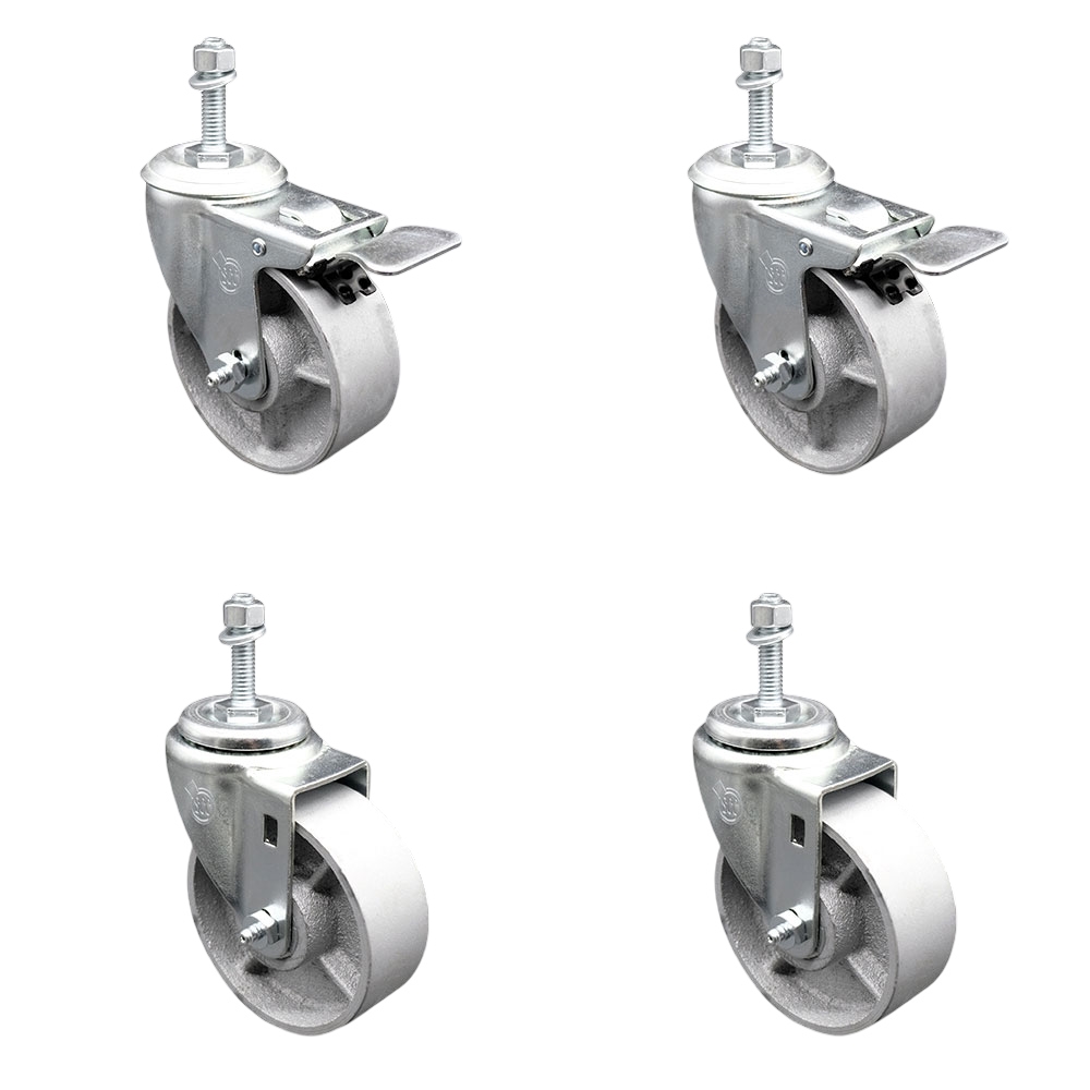Semi Steel Cast Iron Swivel Threaded Stem Caster with Roller Bearing 4 x 1.5 in. Silver Wheels & 0.38 in. Stems - Set of 4