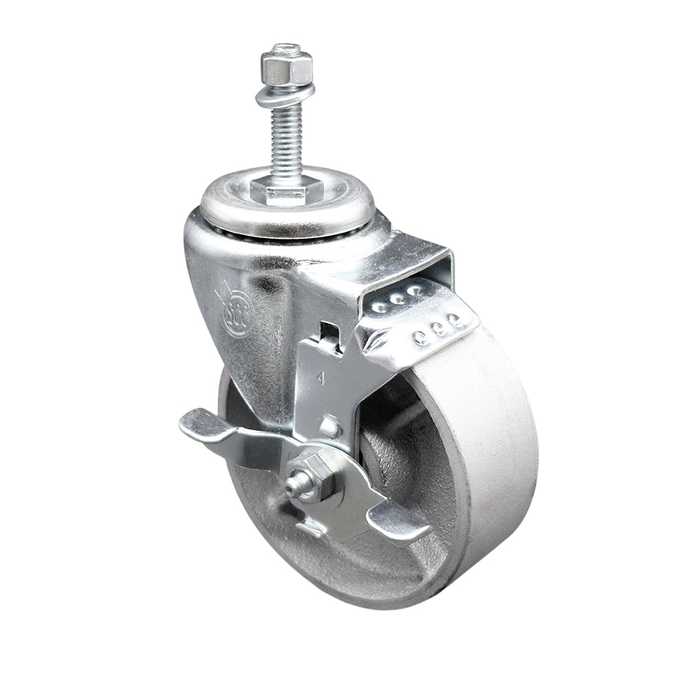 SCC-TS20S414-SSS-TLB-M1015 Semi Steel Cast Iron Swivel Threaded Stem Caster with 4 x 1.25 in. Silver Wheel & 10 mm Stem & Top Locking Brake