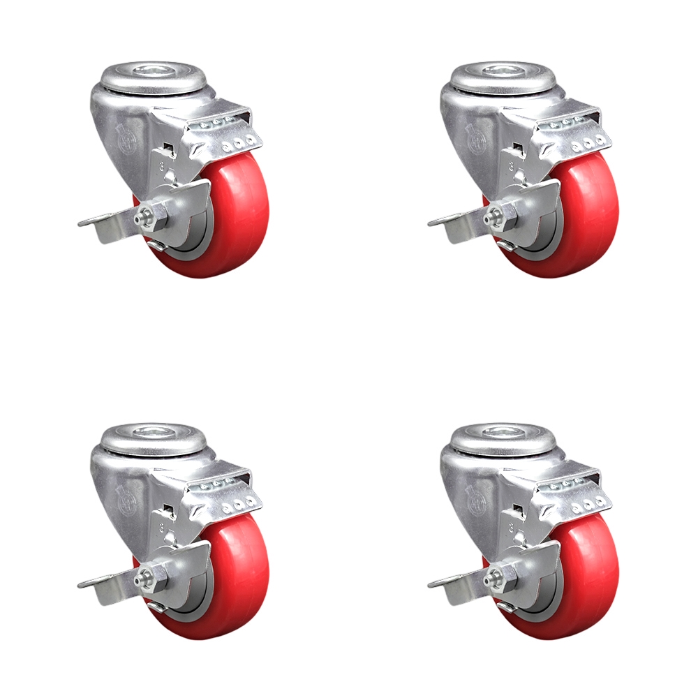 SCC-SSBH20S314-PPUB-RED-TLB-4 Stainless Steel Polyurethane Swivel Bolt Hole Caster with 3 x 1.25 in. Red Wheels - Set of 4