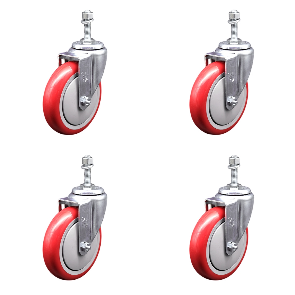 SCC-SSTS20S514-PPUB-RED-381615-4 Stainless Steel Polyurethane Swivel Threaded Stem Caster with 5 x 1.25 in. Red Wheels & 0.38 in. Stems - Set of 4