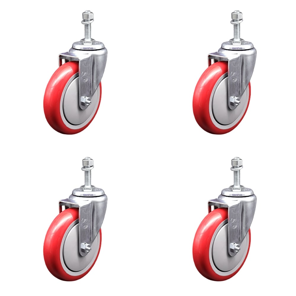 SCC-SSTS20S514-PPUB-RED-M1015-4 Stainless Steel Polyurethane Swivel Threaded Stem Caster with 5 x 1.25 in. Red Wheels & 10 mm Stems - Set of 4