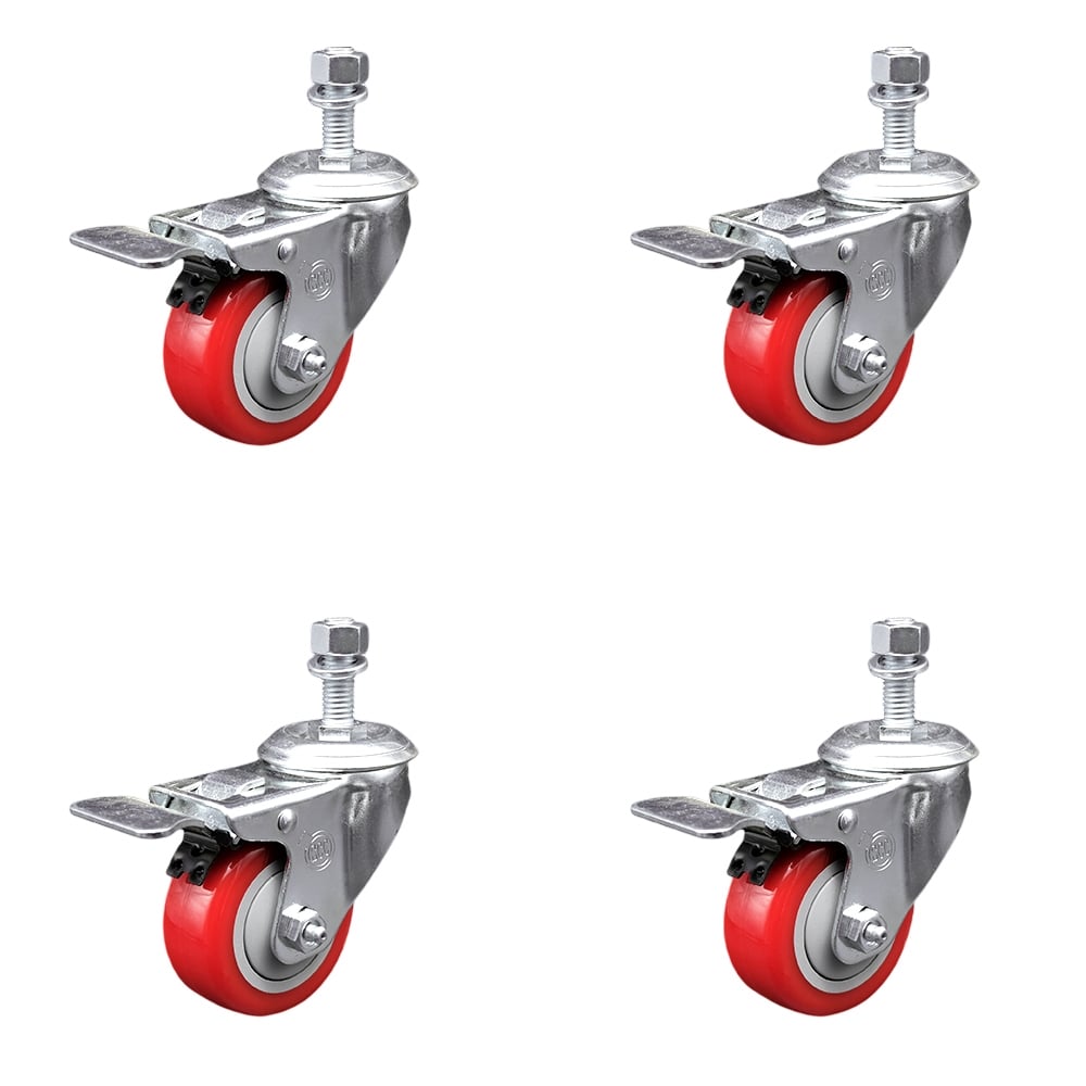 SCC-TSTTL20S3514-PPUB-RED-M1215-4 Polyurethane Swivel Threaded Stem Caster with 3.5 x 1.25 in. Red Wheels & 12 mm Stems - Set of 4