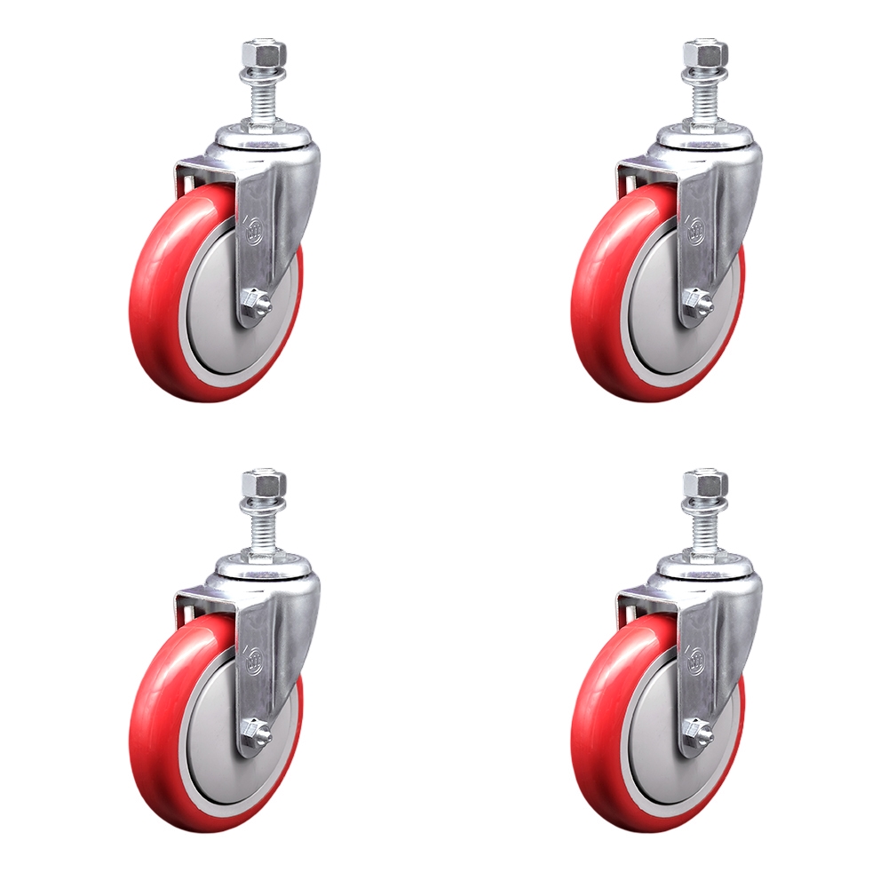 SCC-TS20S514-PPUB-RED-M1215-4 Polyurethane Swivel Threaded Stem Caster with 5 x 1.25 in. Red Wheels & 12 mm Stems - Set of 4