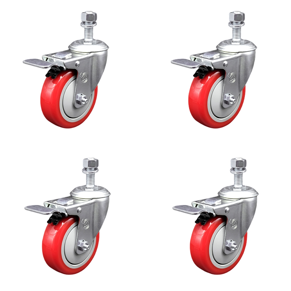 SCC-SSTSTTL20S414-PPUB-RED-M1215-4 Stainless Steel Polyurethane Swivel Threaded Stem Caster with 4 x 1.25 in. Red Wheels & 12 mm Stems - Set of 4