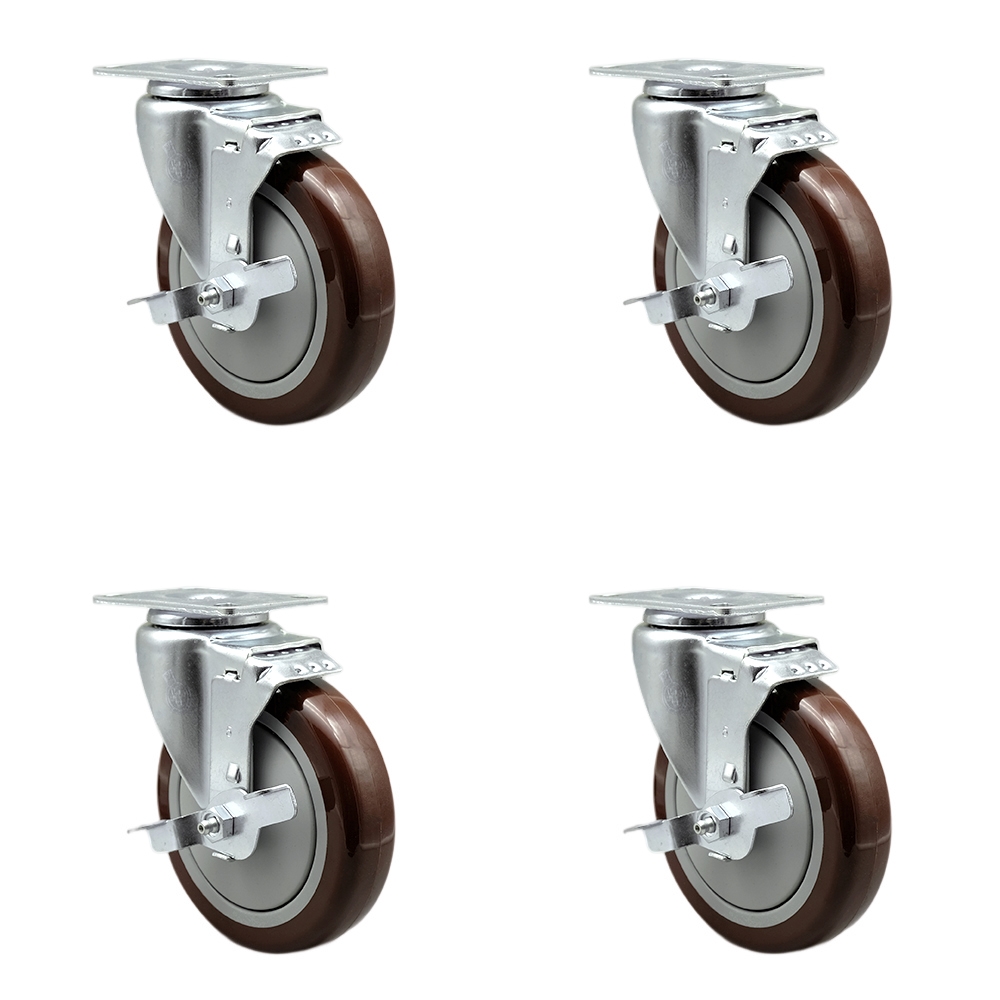 SCC-SS20S514-PPUB-MRN-TLB-4 Stainless Steel Polyurethane Swivel Top Plate Caster with 5 x 1.25 in. Maroon Wheels - Set of 4