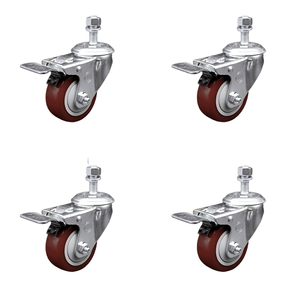 Stainless Steel Polyurethane Swivel Threaded Stem Caster with 3 x 1.25 in. Maroon Wheels & 0.5 in. Stems - Set of 4