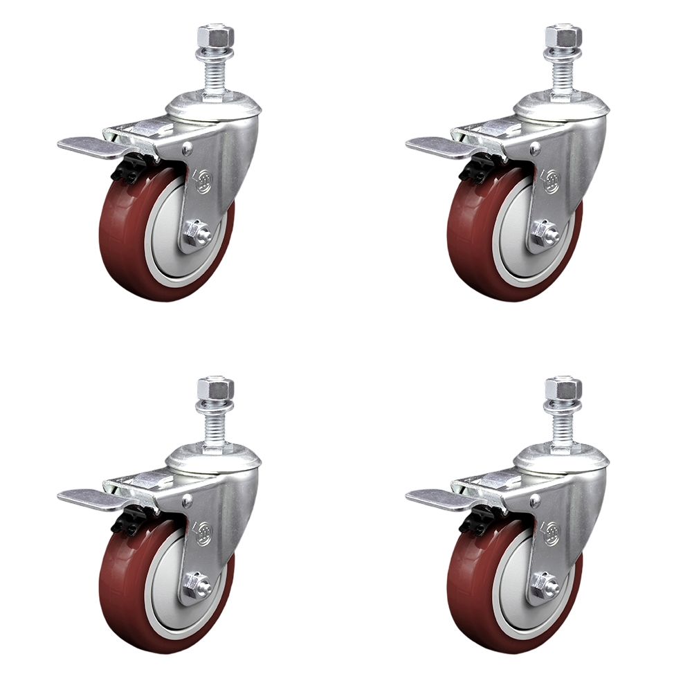 SCC-TSTTL20S414-PPUB-MRN-M1215-4 Polyurethane Swivel Threaded Stem Caster with 4 x 1.25 in. Maroon Wheels & 12 mm Stems - Set of 4