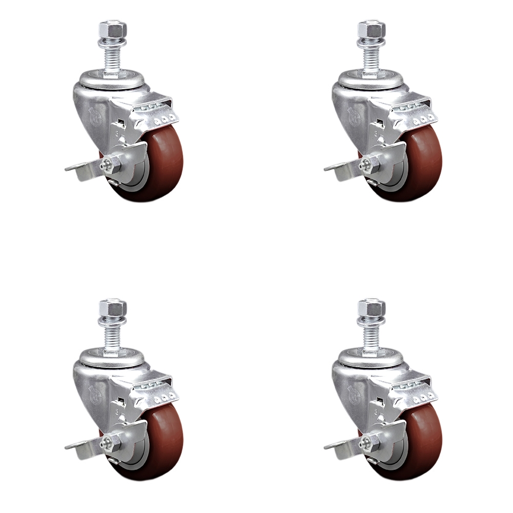 SCC-SSTS20S314-PPUB-MRN-TLB-M1215-4 Stainless Steel Polyurethane Swivel Threaded Stem Caster with 3 x 1.25 in. Maroon Wheels & 12 mm Stems - Set of 4