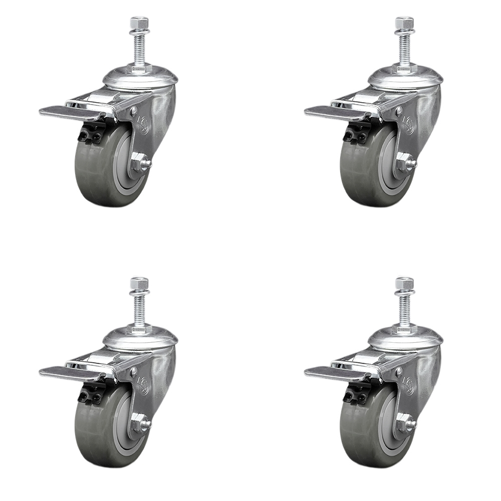 SCC-SSTSTTL20S314-PPUB-M1015-4 Stainless Steel Polyurethane Swivel Threaded Stem Caster with 3 x 1.25 in. Gray Wheels & 10 mm Stems - Set of 4