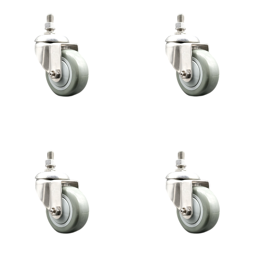 Polyurethane Swivel Stem Caster with 3.5 in. Gray Caster Wheels, 0.5 in. Threaded Stems - 316 Stainless Steel Casters - Set of 4