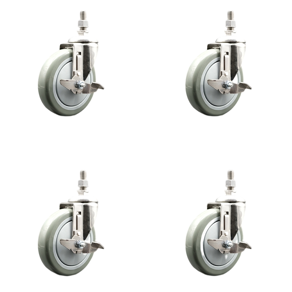 Polyurethane Swivel Stem Caster with 5 in. Gray Caster Wheels, 0.5 in. Threaded Stems - 316 Stainless Steel Casters - Set of 4