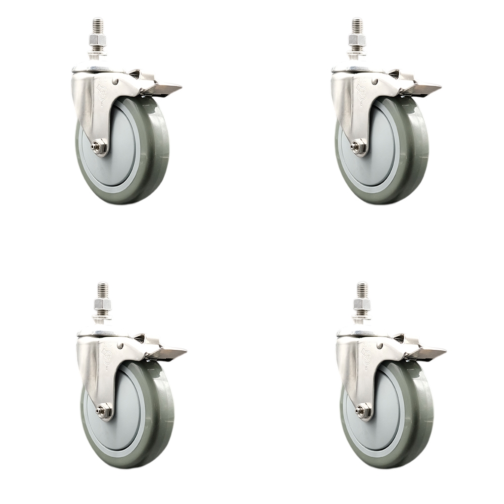 Polyurethane Swivel Stem Caster with 5 in. Gray Caster Wheels, 0.38 in. Threaded Stems - 316 Stainless Steel Casters - Set of 4