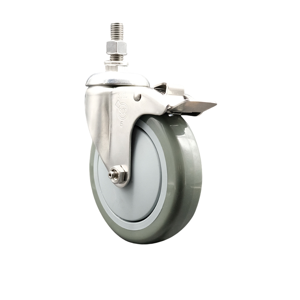 Polyurethane Swivel Stem Caster with 5 in. Gray Caster Wheels & Total Lock Brake, 10 mm Threaded Stem - 316 Stainless Steel Caster