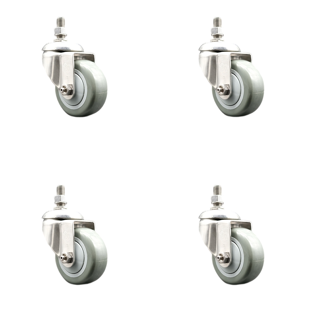 Polyurethane Swivel Stem Caster with 3.5 in. Gray Caster Wheels, 12 mm Threaded Stems - 316 Stainless Steel Casters - Set of 4