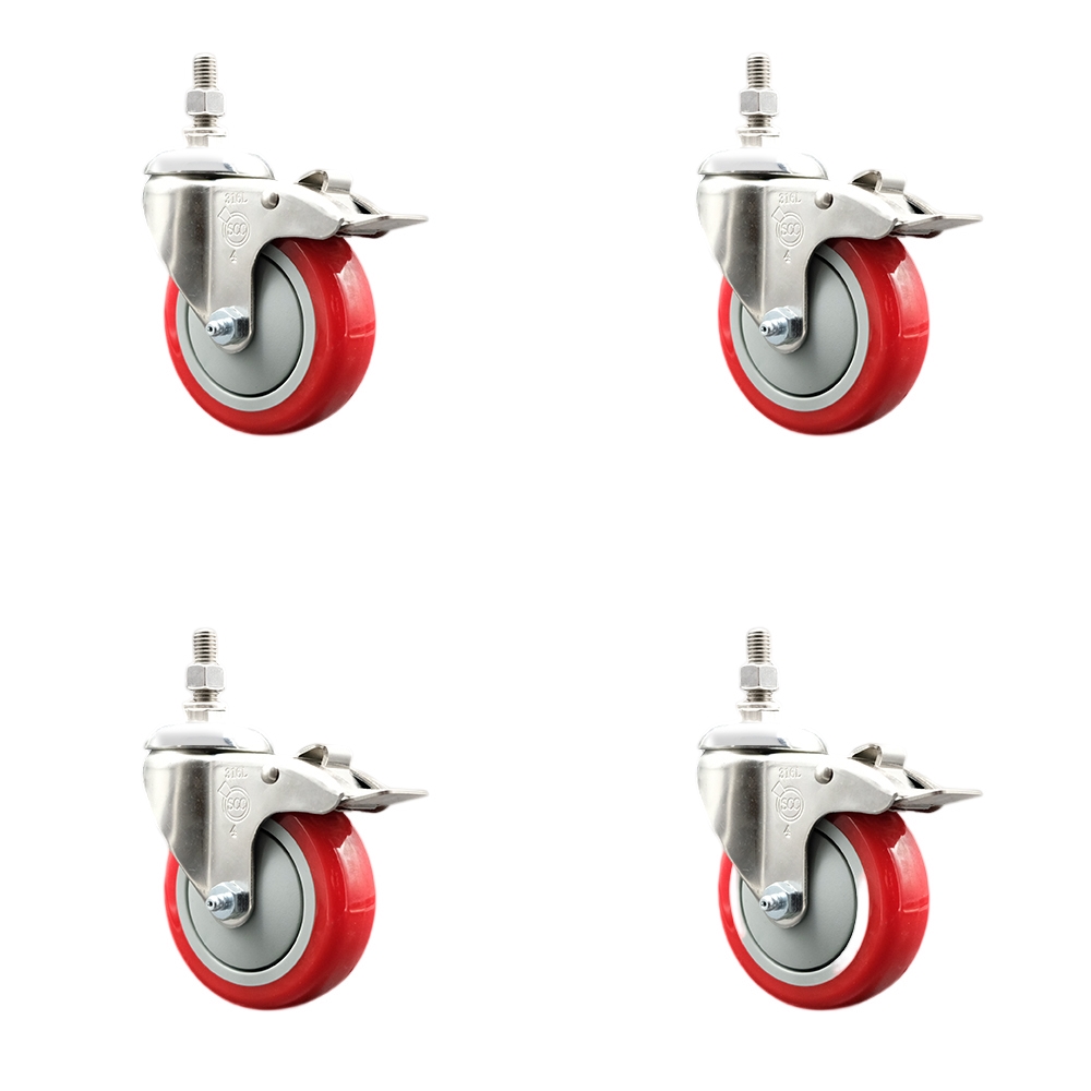 Polyurethane Swivel Stem Caster with 4 in. Red Caster Wheels, 0.5 in. Threaded Stems - 316 Stainless Steel Casters - Set of 4