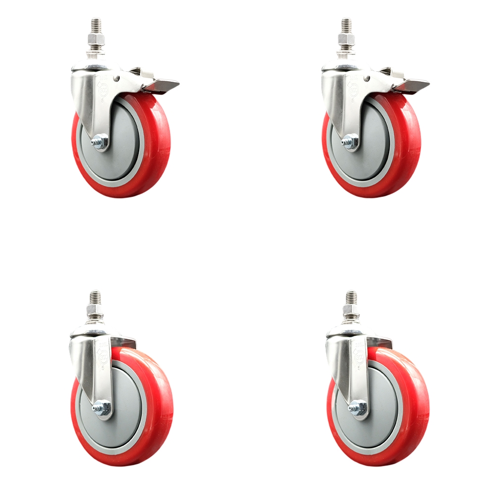 Poly Swivel Stem Caster with 5 in. Red Caster Wheels, 0.5 in. Threaded Stems - 316 Stainless Steel Casters - Set of 4