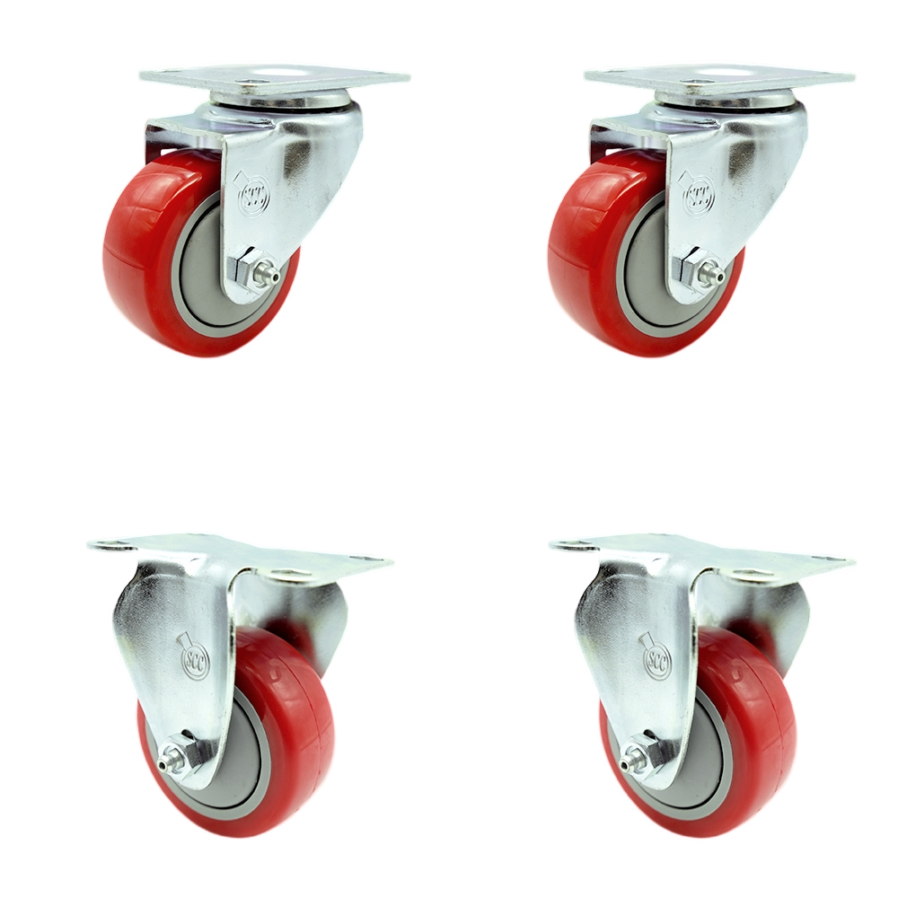 SCC-SS20S314-PPUB-RED-2-R314-2 Stainless Steel Polyurethane Swivel Top Plate Caster with 3 x 1.25 in. Red Wheels - Set of 4