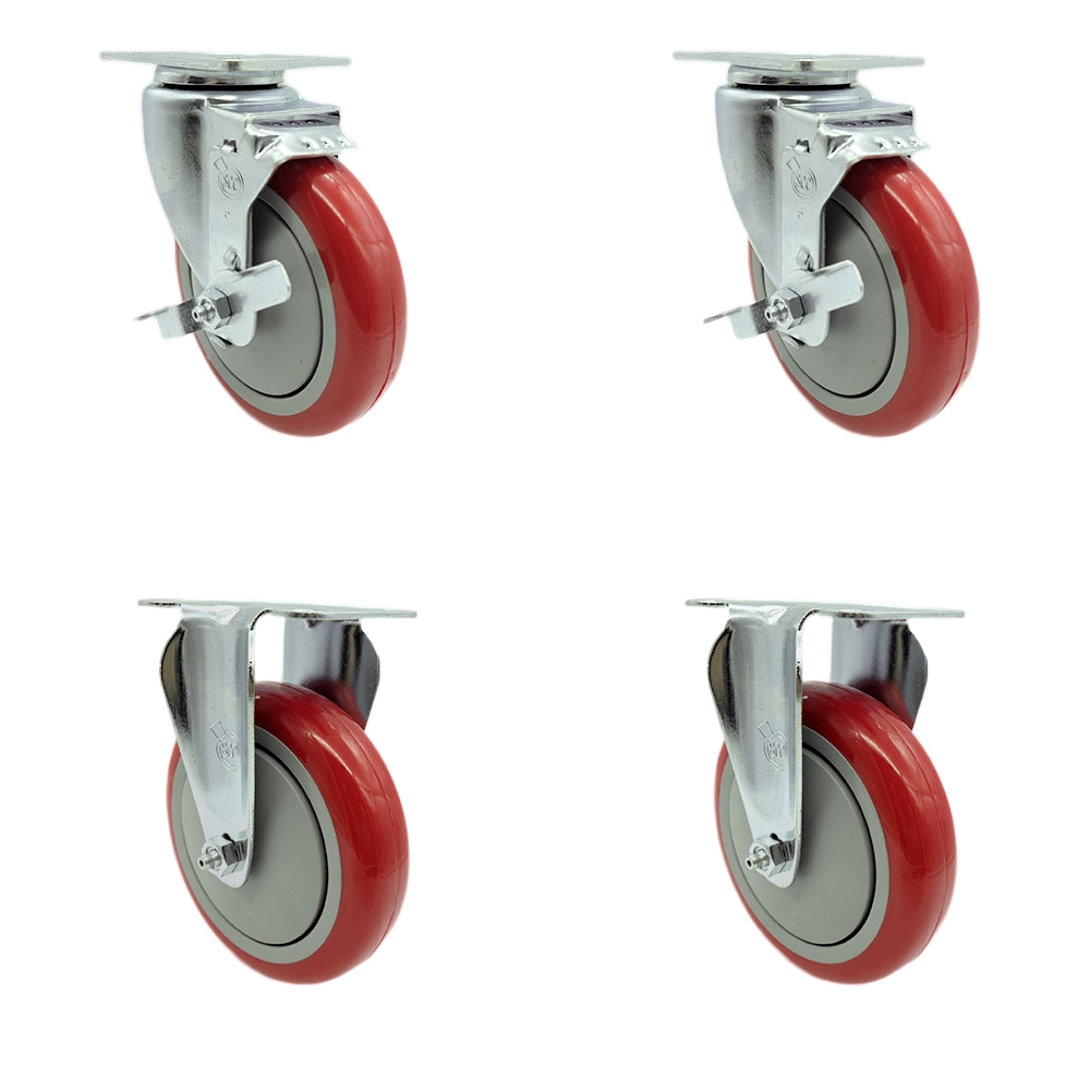 SCC-SS20S514-PPUB-RED-TLB-2-R514-2 Stainless Steel Polyurethane Swivel Top Plate Caster with 5 x 1.25 in. Red Wheels - Set of 4