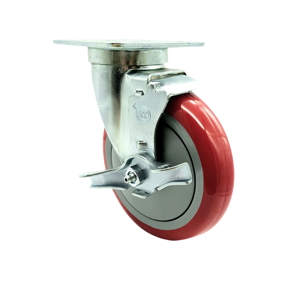 SCC-20S514-PPUB-RED-TLB-TPU1 Universal Kitchen Caster 5 in. Non Marking Stainless Steel Polyurethane Red Wheel Swivel with Brake