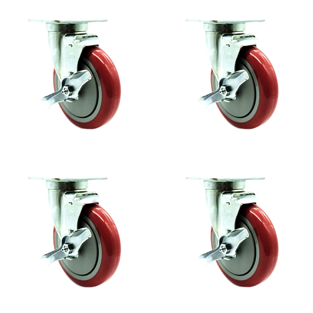 SCC-20S514-PPUB-RED-TLB-TPU1-4 Universal Kitchen Casters 5 in. Non Marking Polyurethane Wheel 4 Swivel Casters with Brakes - Set of 4