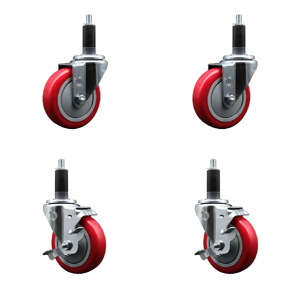 SCC-EX20S414-PPUB-RED-2-TLB-2-118 Polyurethane Swivel Expanding Stem Caster with 4 in. Red Wheels & 1.13 in. Stems - Set of 4