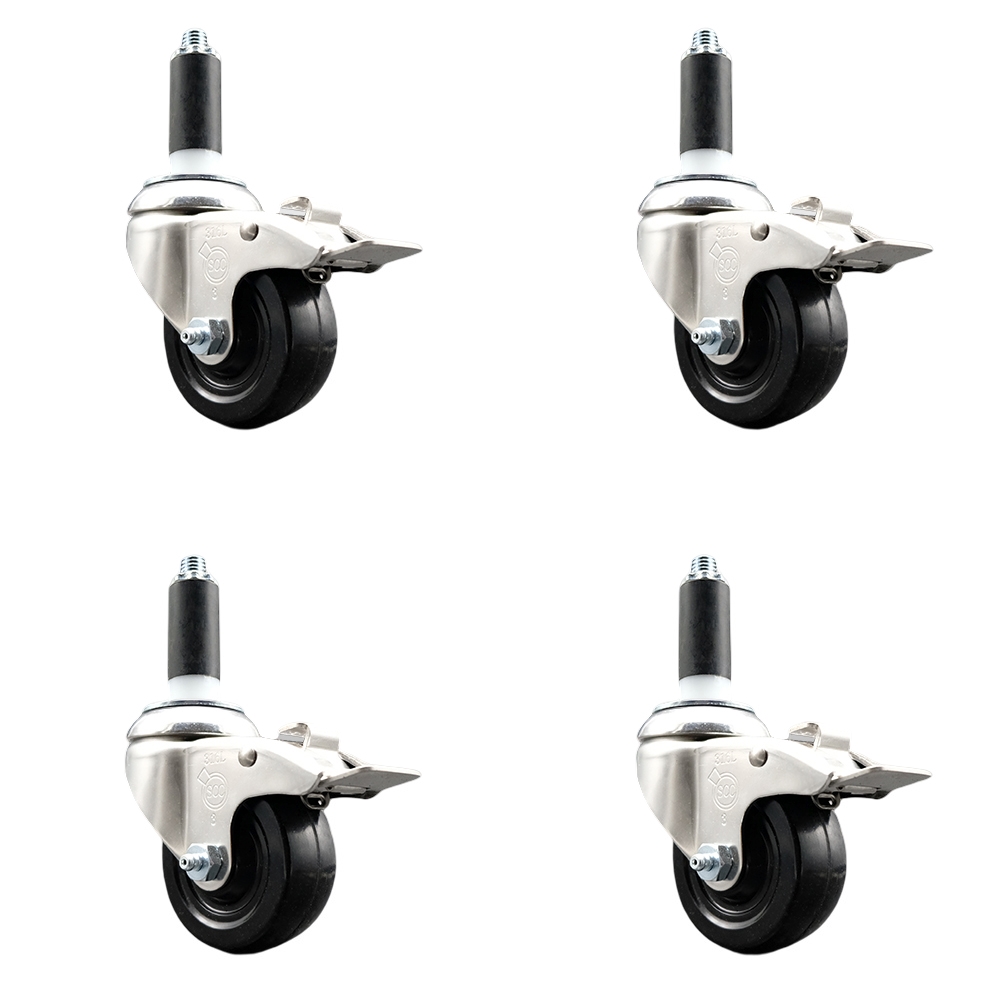 Hard Rubber Swivel Stem Caster with 3 in. Caster Wheels, 1 in. Expanding Stems - 316 Stainless Steel Casters - Set of 4