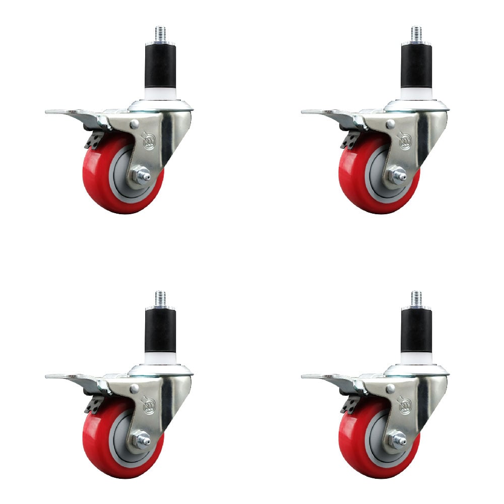 Stainless Steel Polyurethane Swivel Expanding Stem Caster with 3 in. Red Wheels & 1.5 in. Stems 4 Swivel with Total Locking Brakes - Set of 4