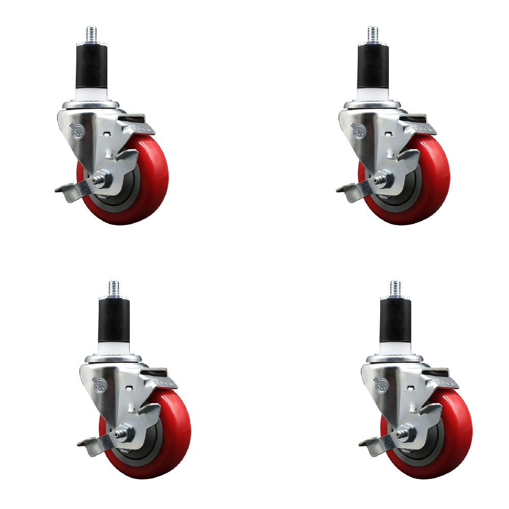 Stainless Steel Polyurethane Swivel Expanding Stem Caster with 3.5 in. Red Wheels & 1.5 in. Stems 4 Swivel with Top Locking Brake - Set of 4