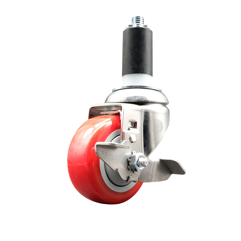 Polyurethane Swivel Stem Caster with 3.5 in. Red Caster Wheels & Top Lock Brake, 1.25 in. Expanding Stem - 316 Stainless Steel Caster
