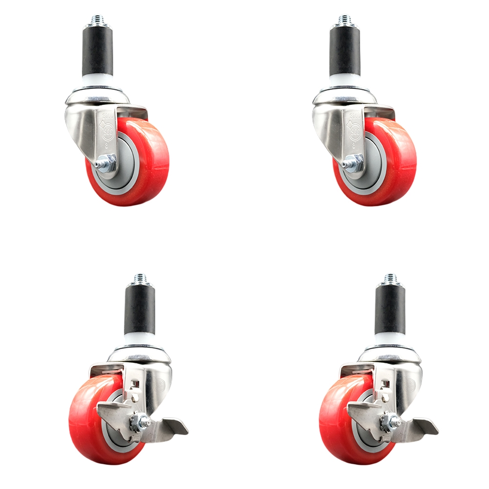 Polyurethane Swivel Stem Caster with 3.5 in. Red Caster Wheels, 1.25 in. Expanding Stems - 316 Stainless Steel Casters - Set of 4