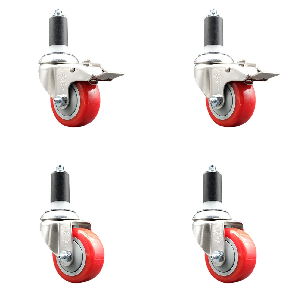 Polyurethane Swivel Stem Caster with 3.5 in. Red Caster Wheels, 1.25 in. Expanding Stem - 316 Stainless Steel Casters - Set of 4
